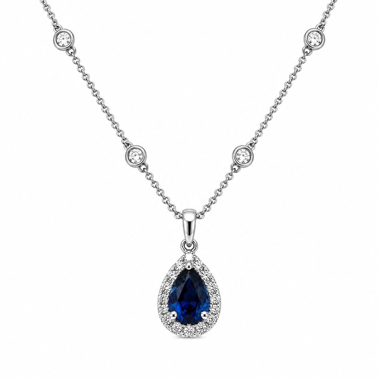 0.78 CT Pear Shape Sapphire and Diamond Pendant Necklace