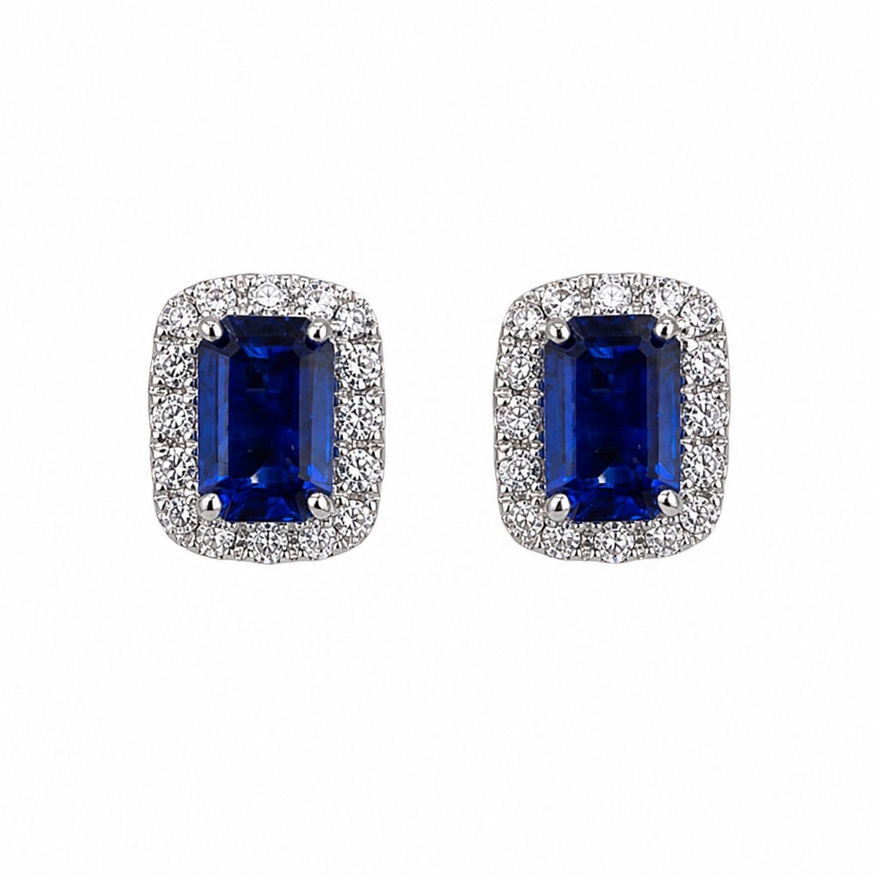 1.02 CT Emerald Cut Sapphire and Diamond Halo Earrngs