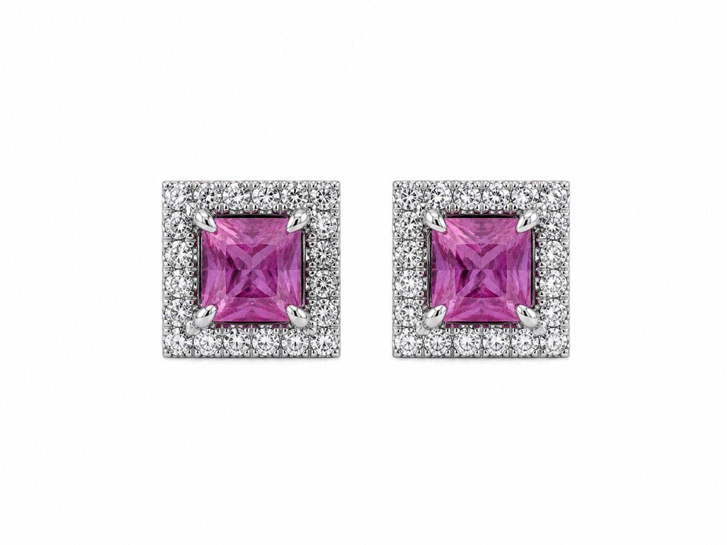 1.34 CT Princess Cut Pink Sapphire and Diamond Halo Earrings
