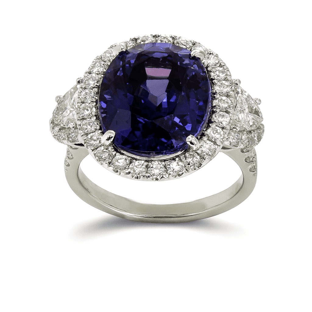 10.08 ct Oval Purple Sapphire and Diamond 3 Stone Halo Ring