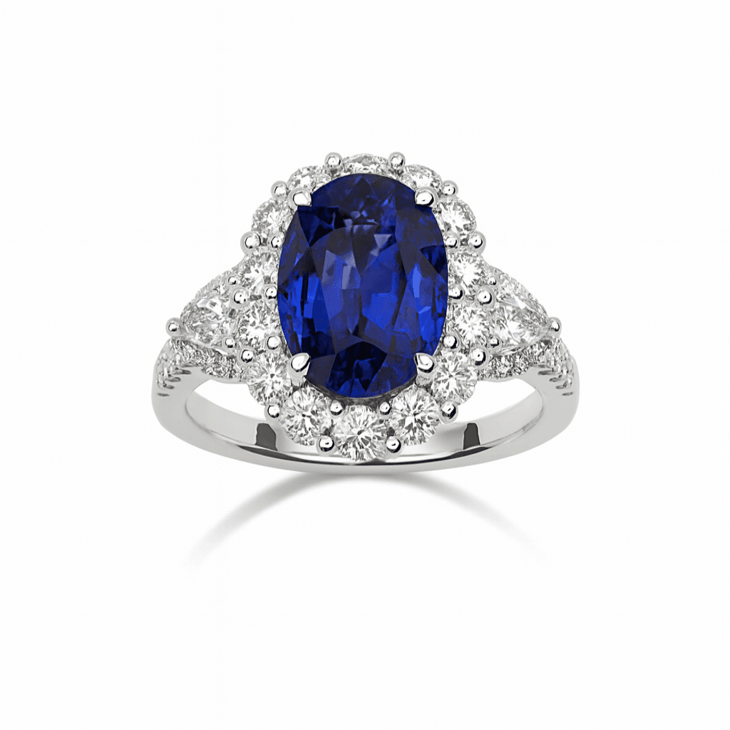 3.02 ct Oval Sapphire and Diamond 3 Stone Halo Ring