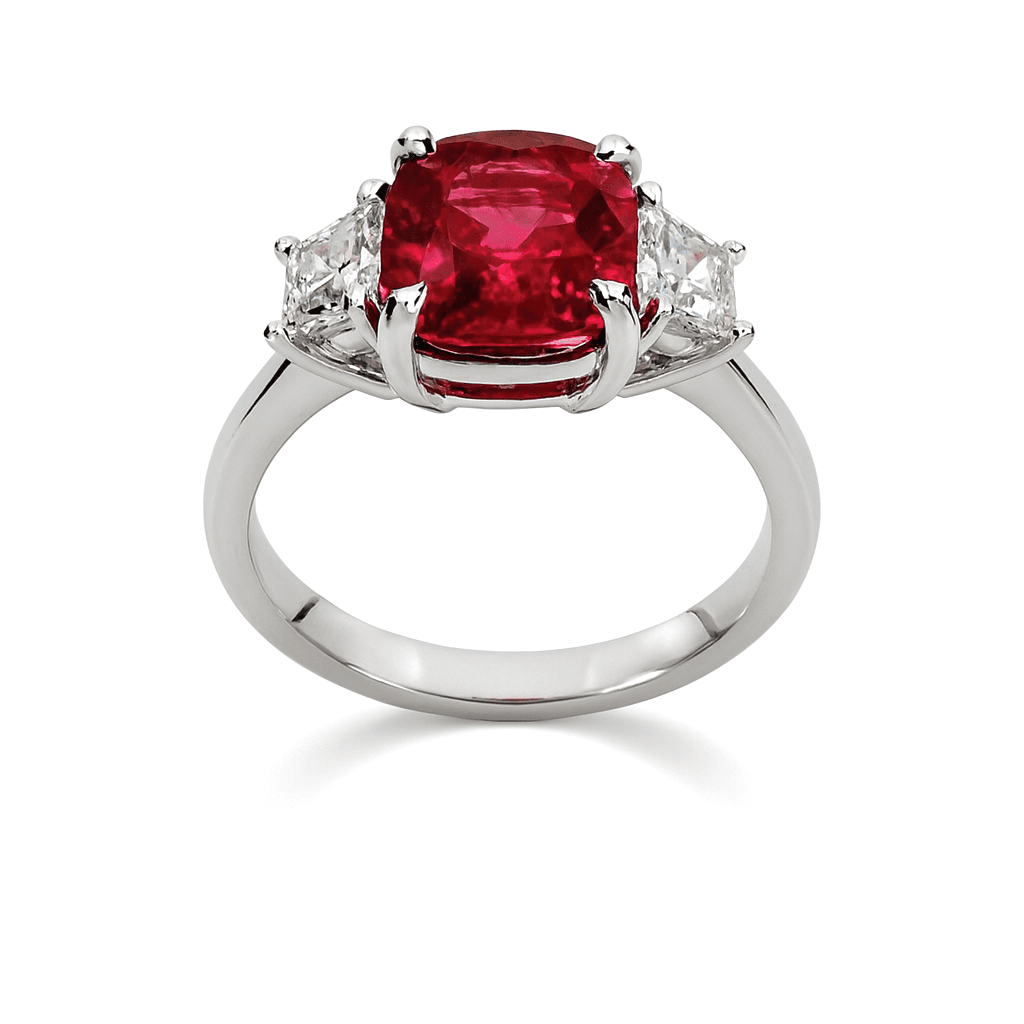3.10 ct Cushion Ruby and Diamond 3 Stone Ring