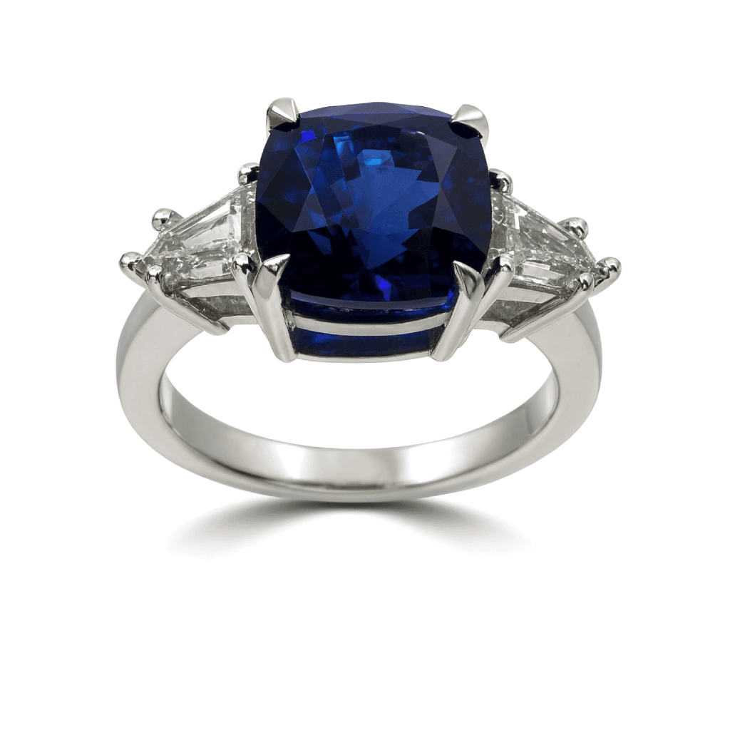 3.57 ct Cushion Sapphire and Diamond 3 Stone Ring