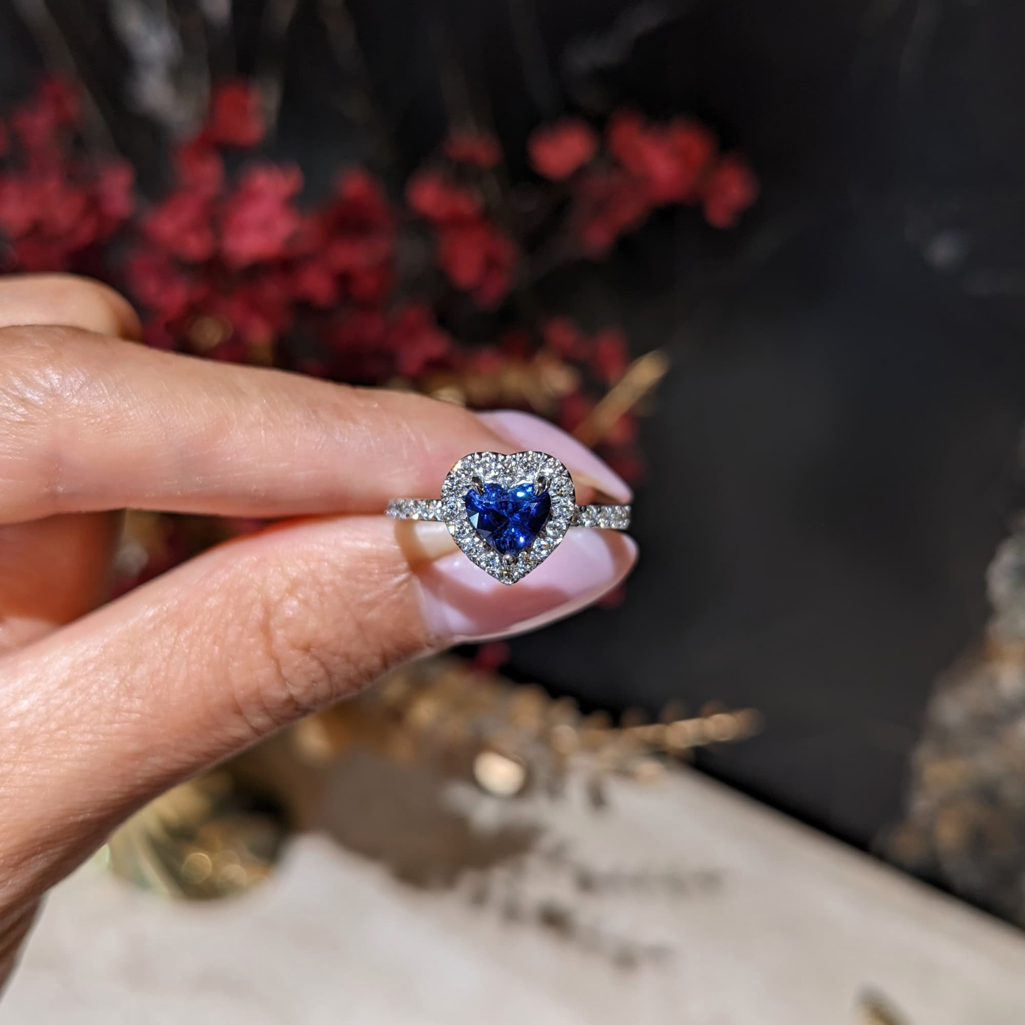 0.93 ct Heart Shape Sapphire and Diamond Halo Ring