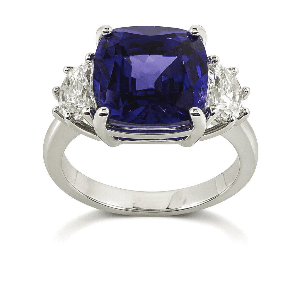 5.39 ct Cushion Purple Sapphire and Diamond 3 Stone Ring