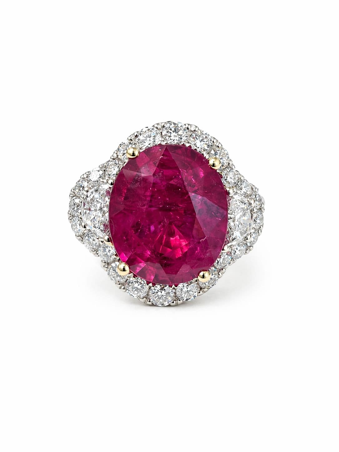 6.06 ct Oval Ruby and Diamond 3 Stone Halo Ring