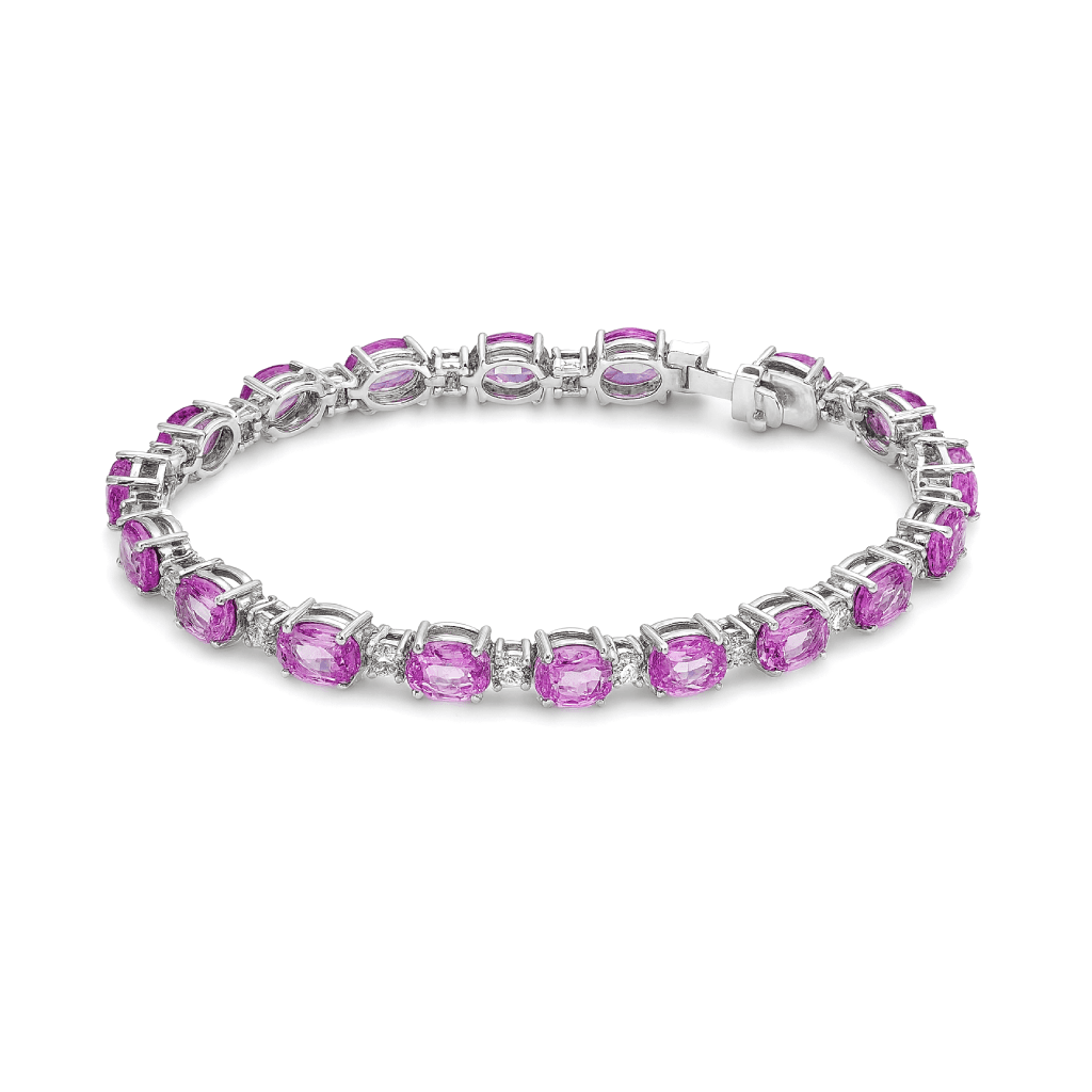Shown in 14K White Gold with Pink Sapphire