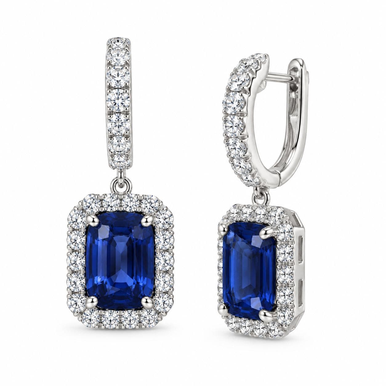 18KW 4.98 CT Emerald Cut Sapphire and Diamond Drop Earrings