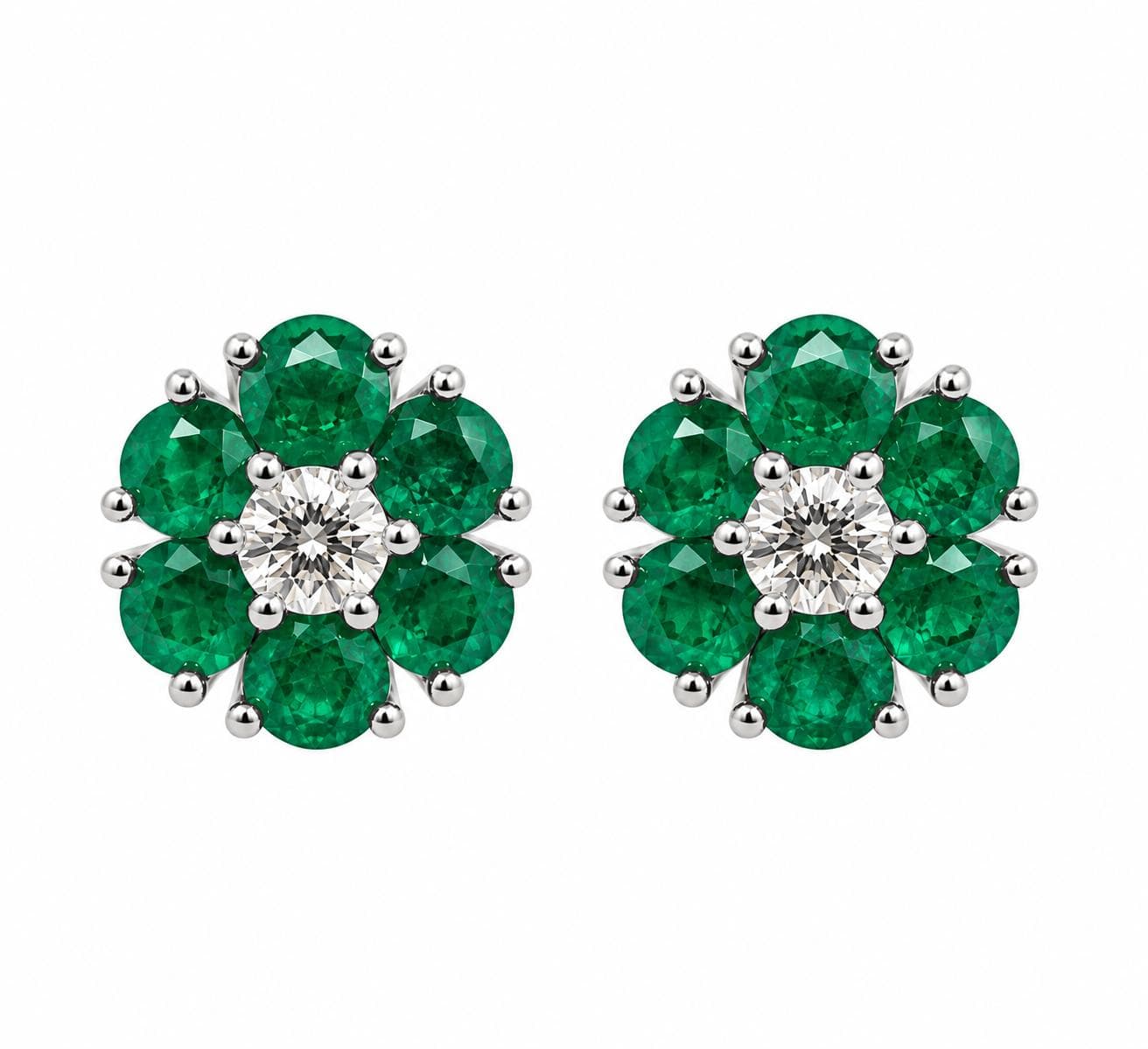 0.90 CT Round Emerald and Diamond Flower Earrings