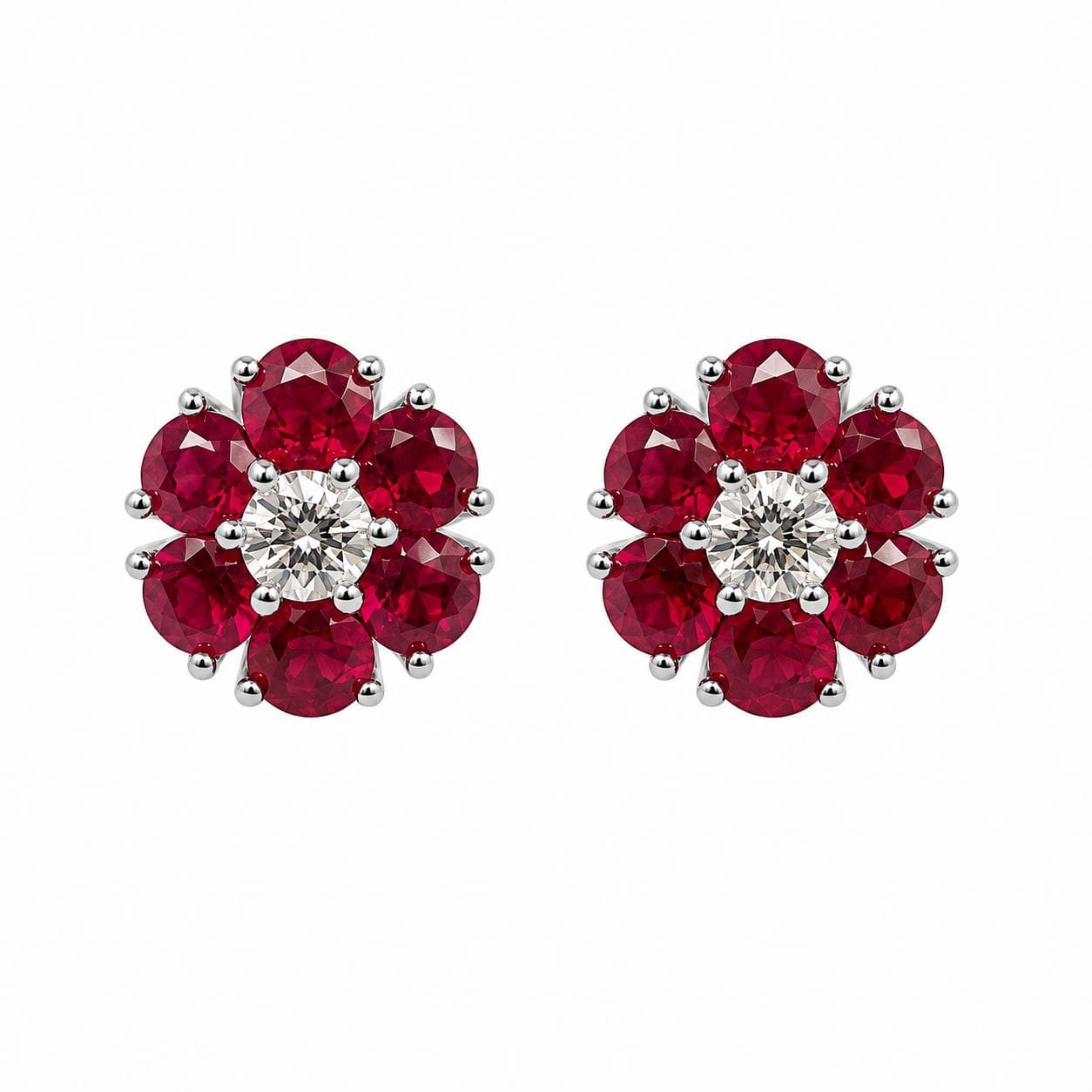 1.44 CT Round Ruby and Diamond Flower Earrings