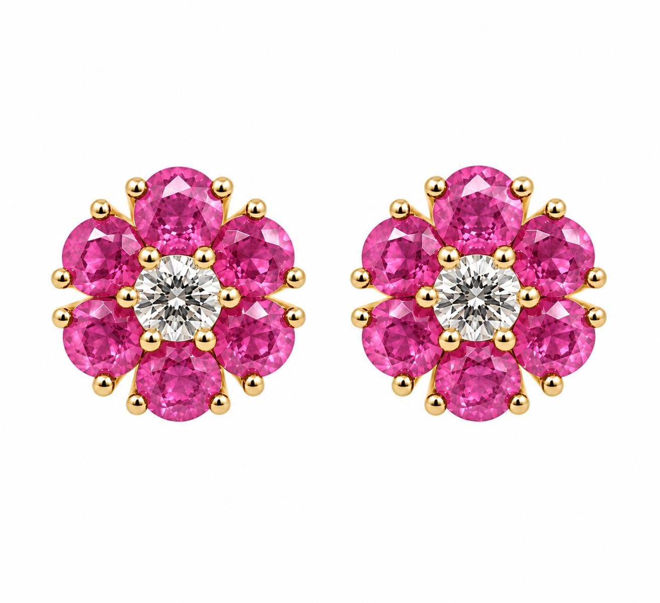 1.28 CT Round Pink Sapphire and Diamond Flower Earrings