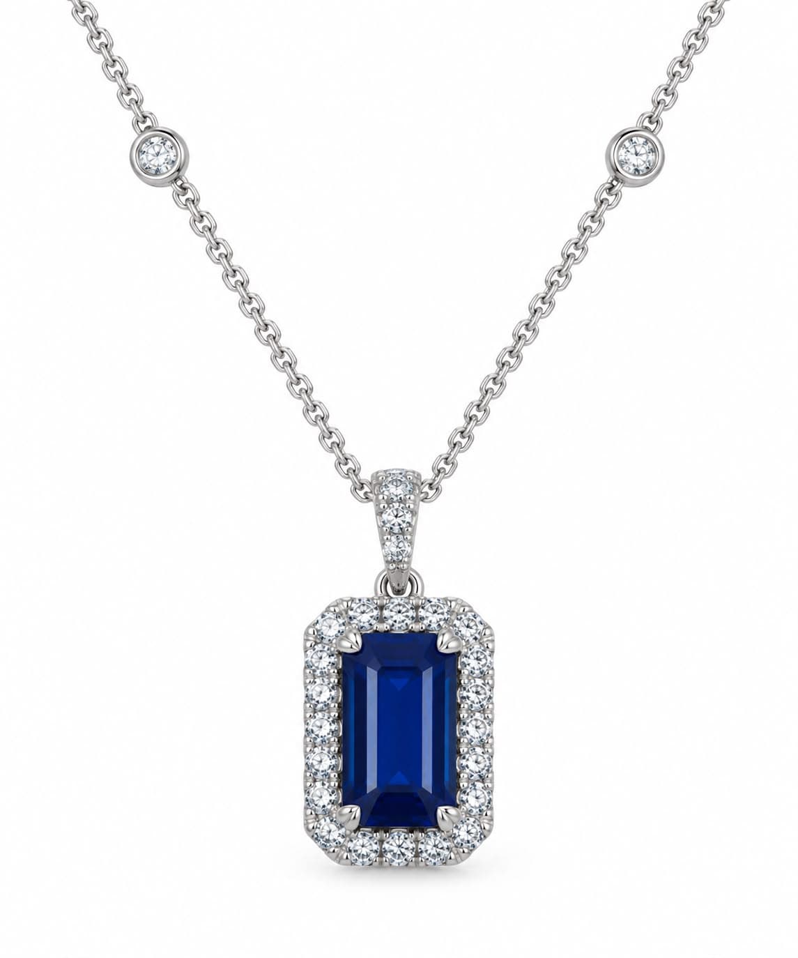 2.27 ct Emerald Cut Sapphire and Diamond Pendant Necklace