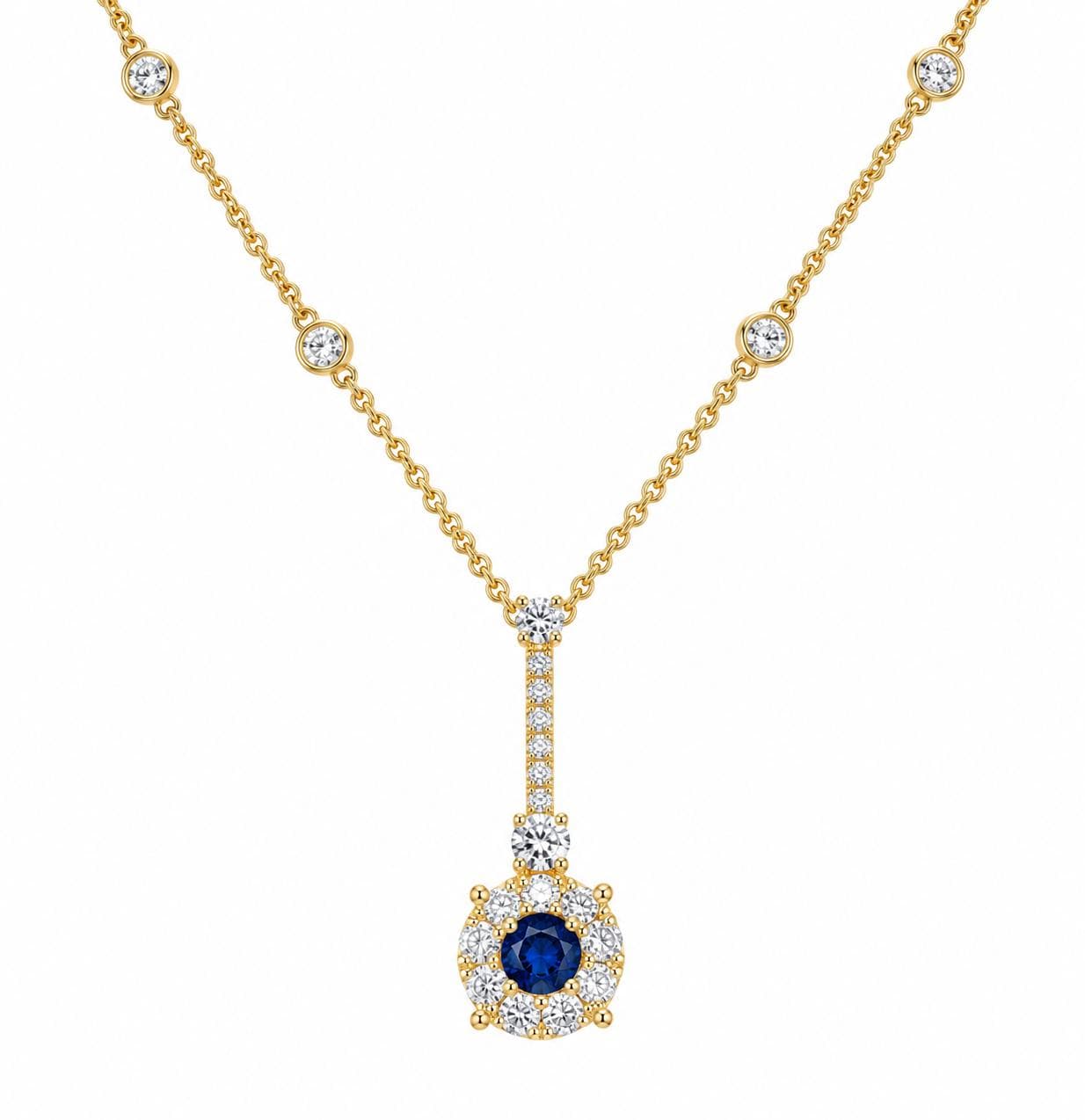 14KY 0.86 CT Round Sapphire and Diamond Pendant Necklace