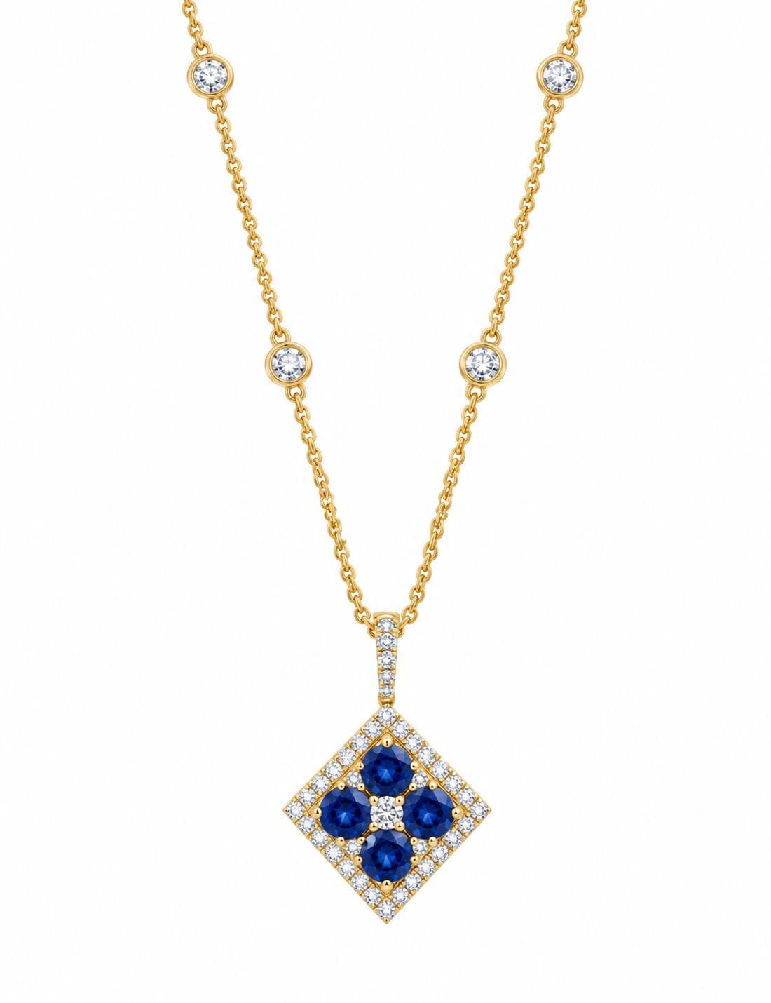 14KY 1.60 CT Round Sapphire and Diamond Pendant Necklace