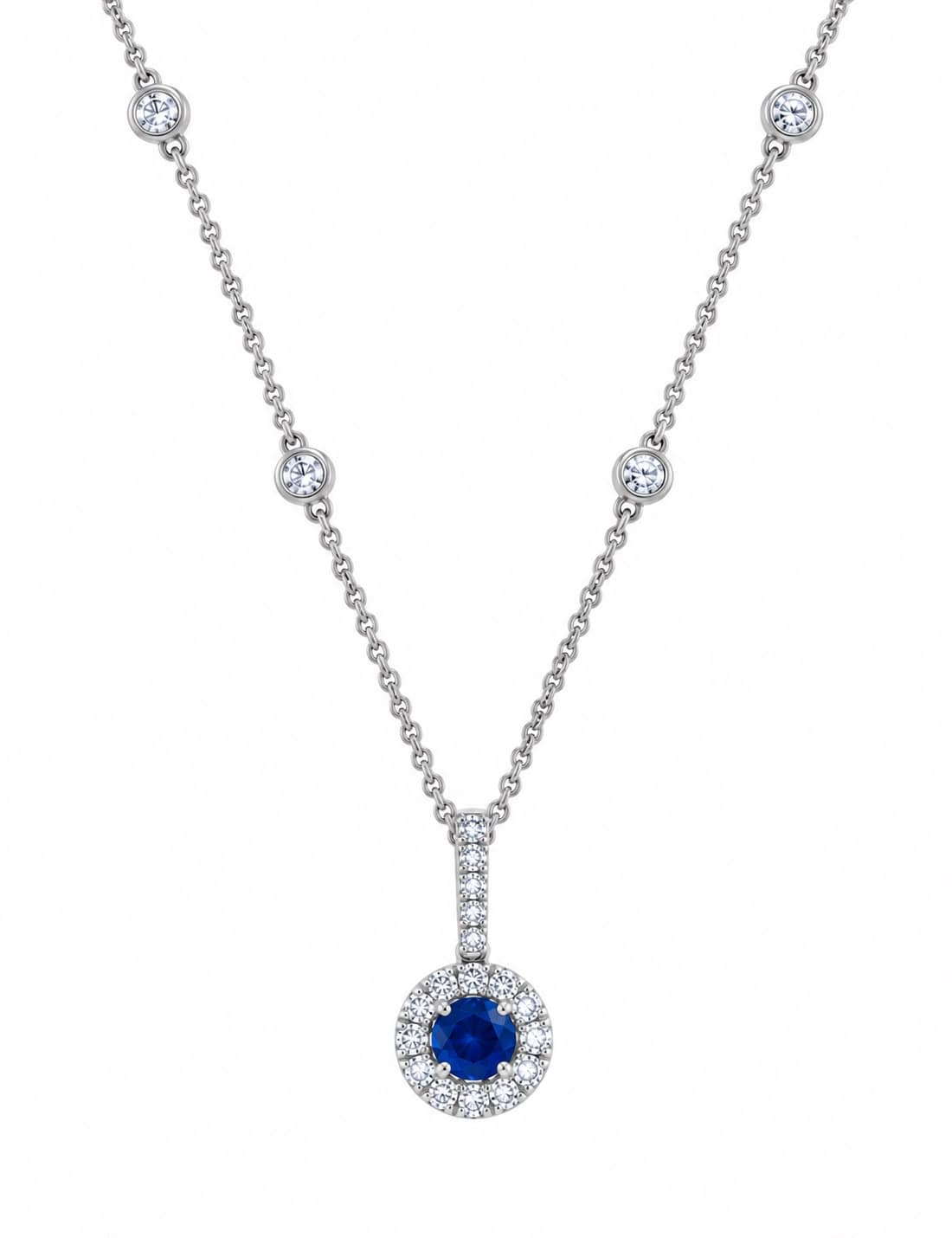 14KW 0.64 CT Round Sapphire and Diamond Pendant Necklace