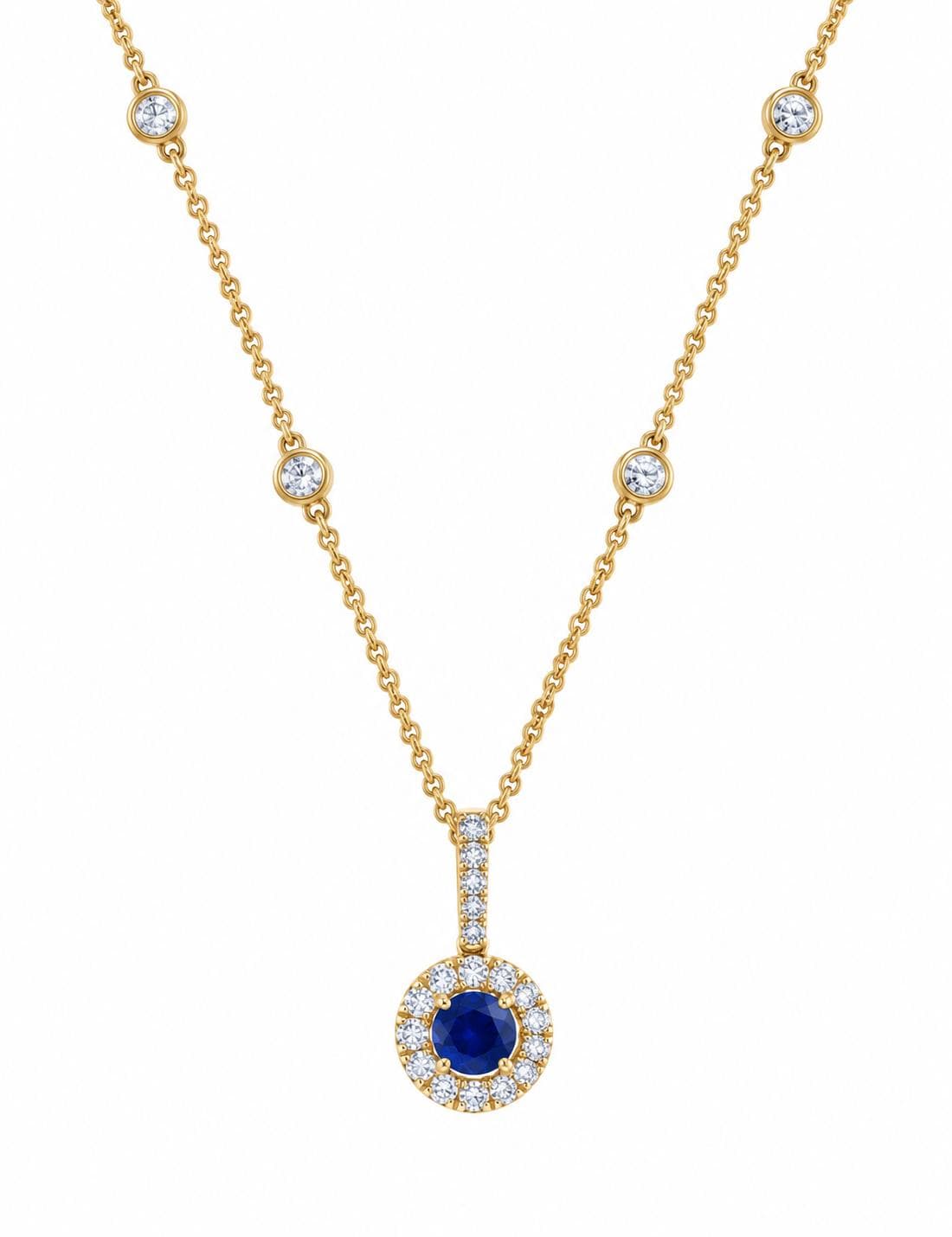 14KY 0.64 CT Round Sapphire and Diamond Pendant Necklace