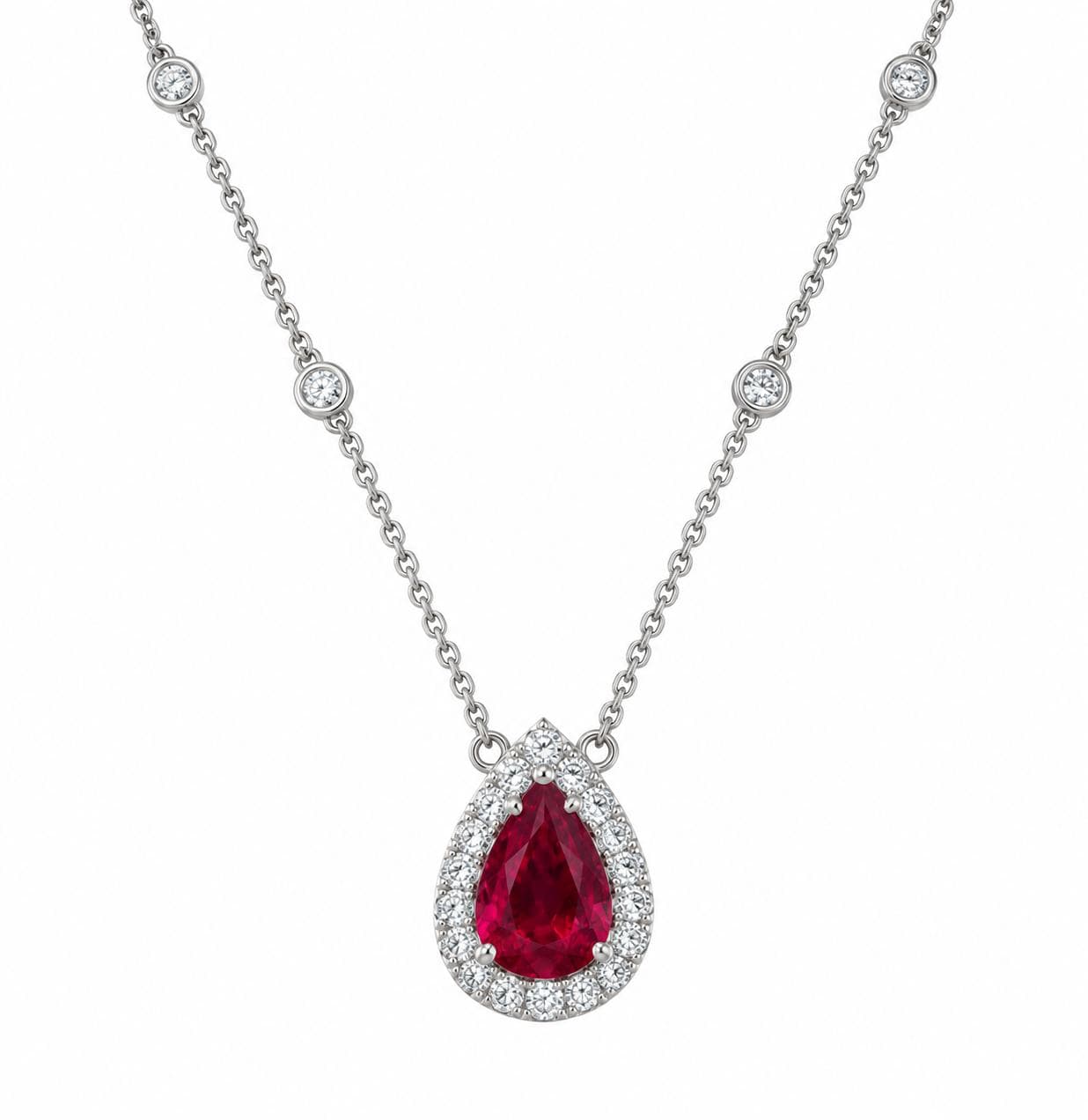 14KW 1.06 CT Pear Shape Ruby and Diamond Pendant Necklace