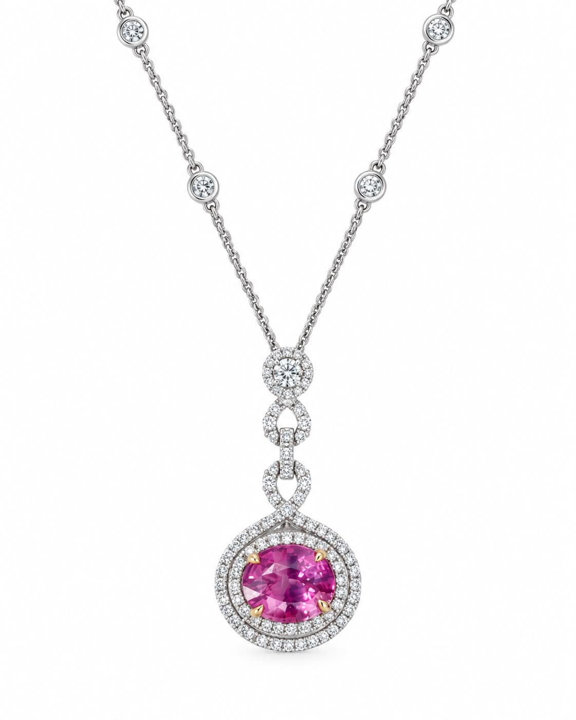 18KW 3.12 CT Oval No Heat Pink Sapp and Diamond Pendant Necklace