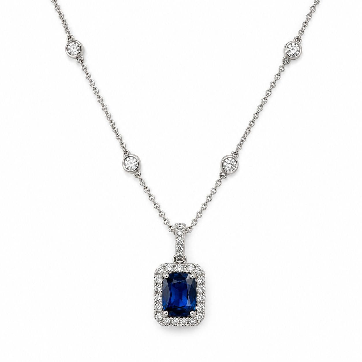 1.30 CT Cushion Sapphire and Diamond Pendant Necklace