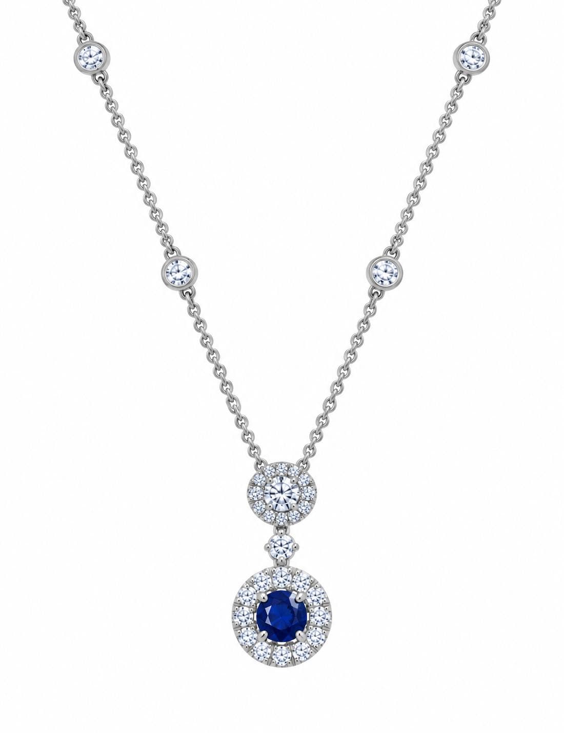 14KW 0.89 CT Round Sapphire and Diamond Pendant Necklace
