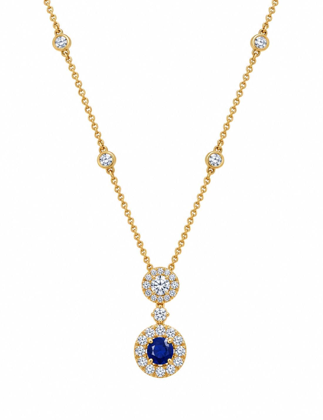14KY 0.91 CT Round Sapphire and Diamond Pendant Necklace