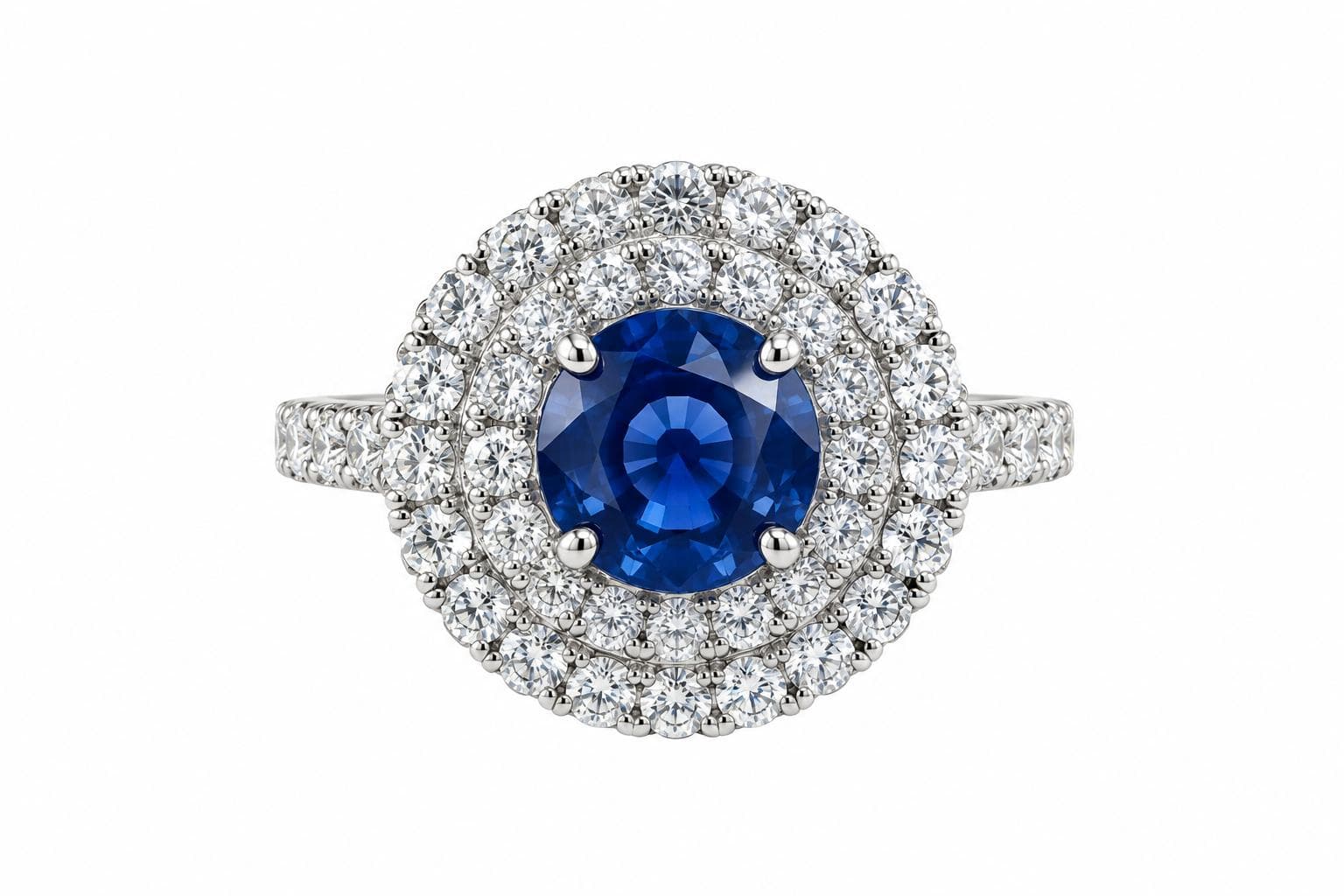 14KW 1.22 CT Round Sapphire and Diamond Double Halo Ring