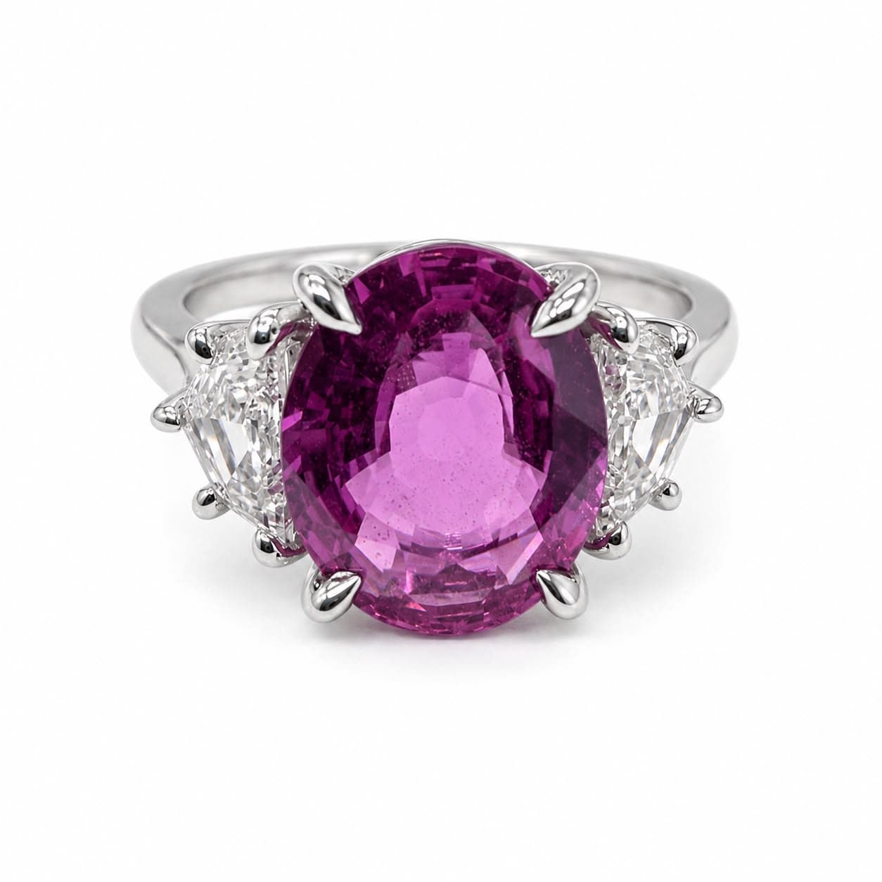 3.51 ct Oval No Heat Pink Sapphire and Diamond 3 Stone Rings