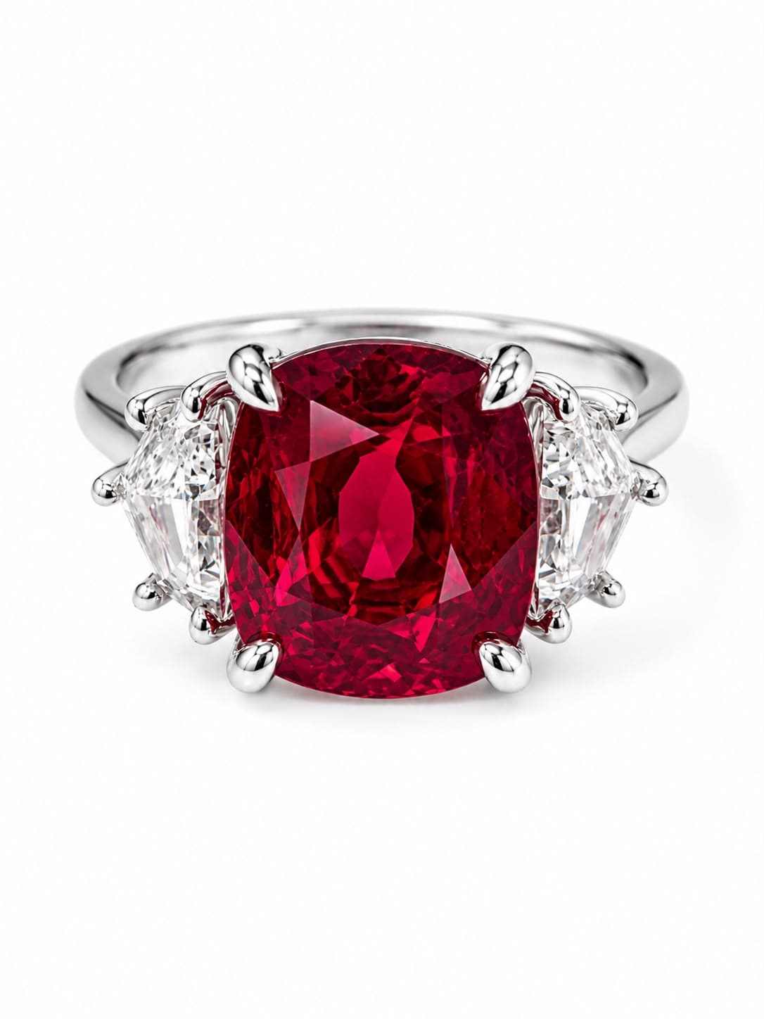 4.61 ct Cushion Ruby and Diamond 3 Stone Ring