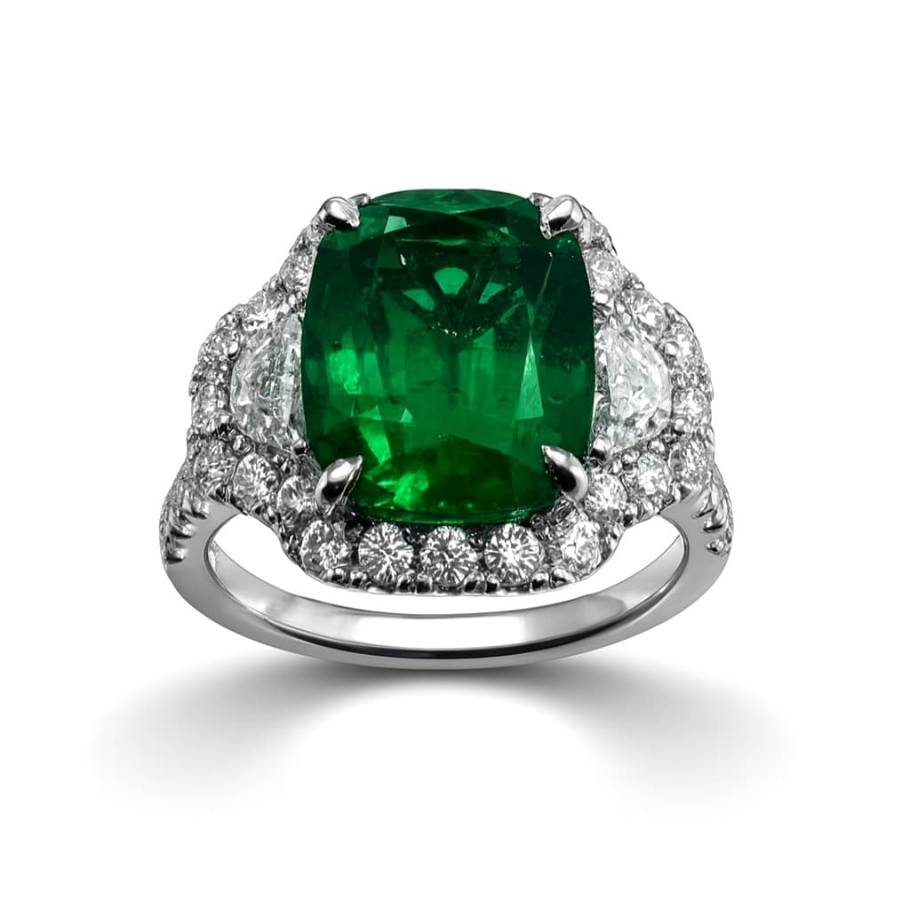 3.44 ct Emerald and Diamond 3 Stone Halo Ring