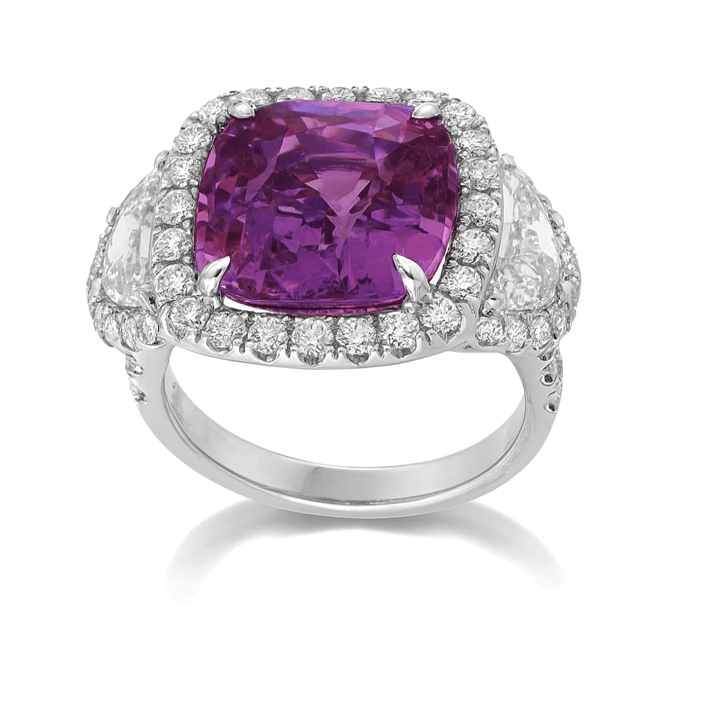 8.62 CT Cushion Pink Sapphire and Diamond 3 Stone Halo Ring