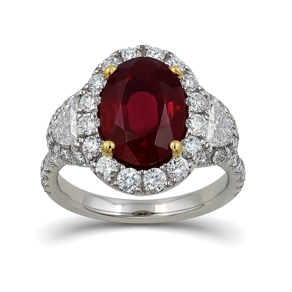 2.26 ct Unheated Ruby and Diamond 3 Stone Halo Ring