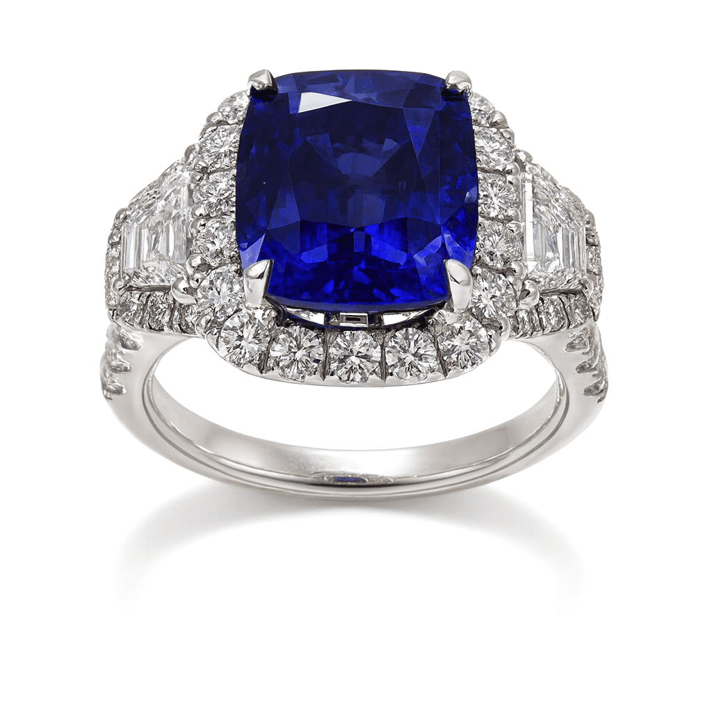 4.64 ct Sapphire and Diamond 3 Stone Halo Ring