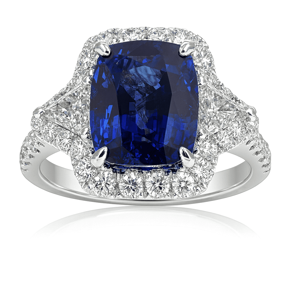 3.58 CT GIA Cushion Sapphire and Diamond 3 Stone Halo Ring