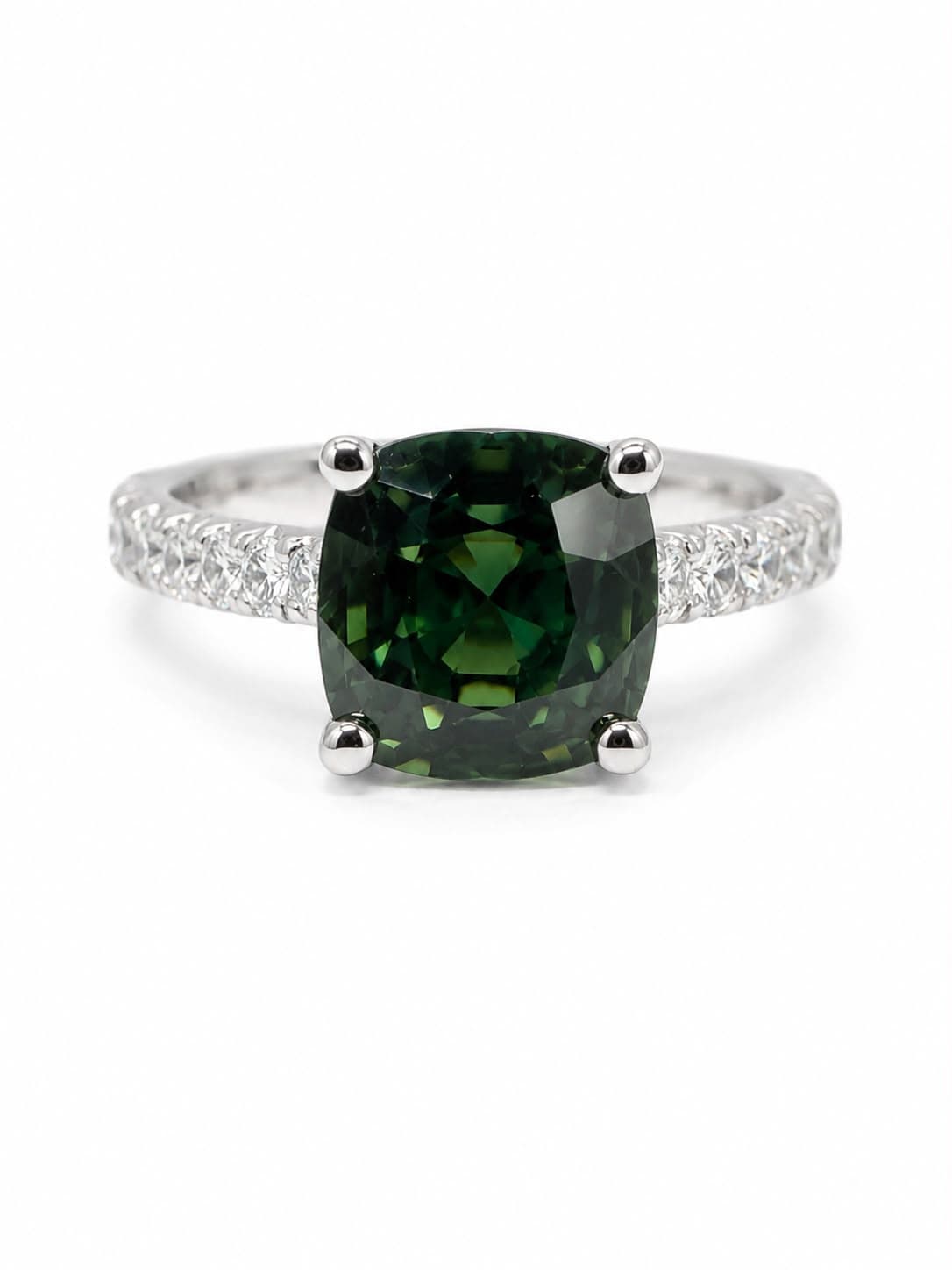 2.66 ct Cushion Green Sapphire and Diamond Engagement Ring