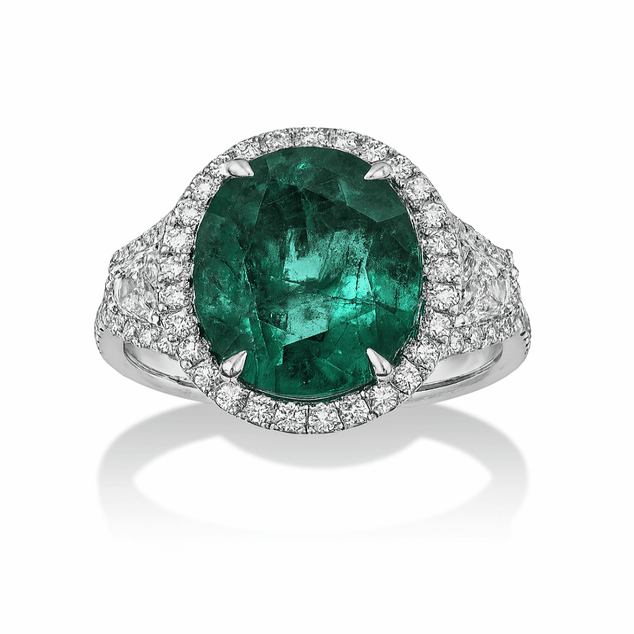 7.49 ct Emerald and Diamond 3 Stone Halo Ring
