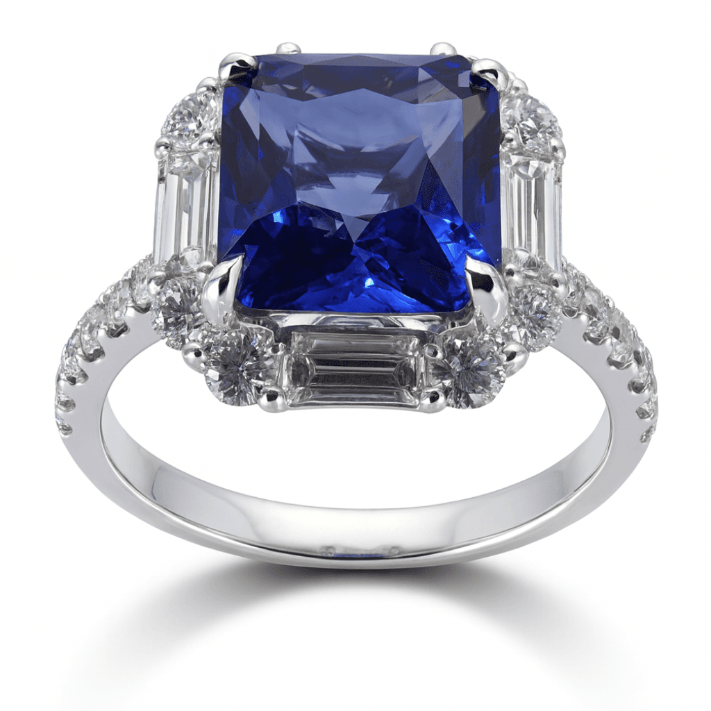 Shown in 18K White Gold with Blue Sapphire
