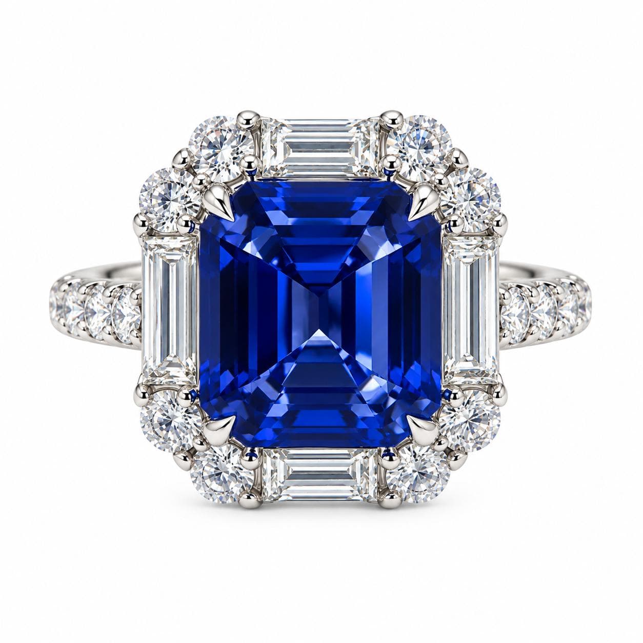 18KW 4.10 CT Asscher Cut Sapphire and Diamond Halo Ring