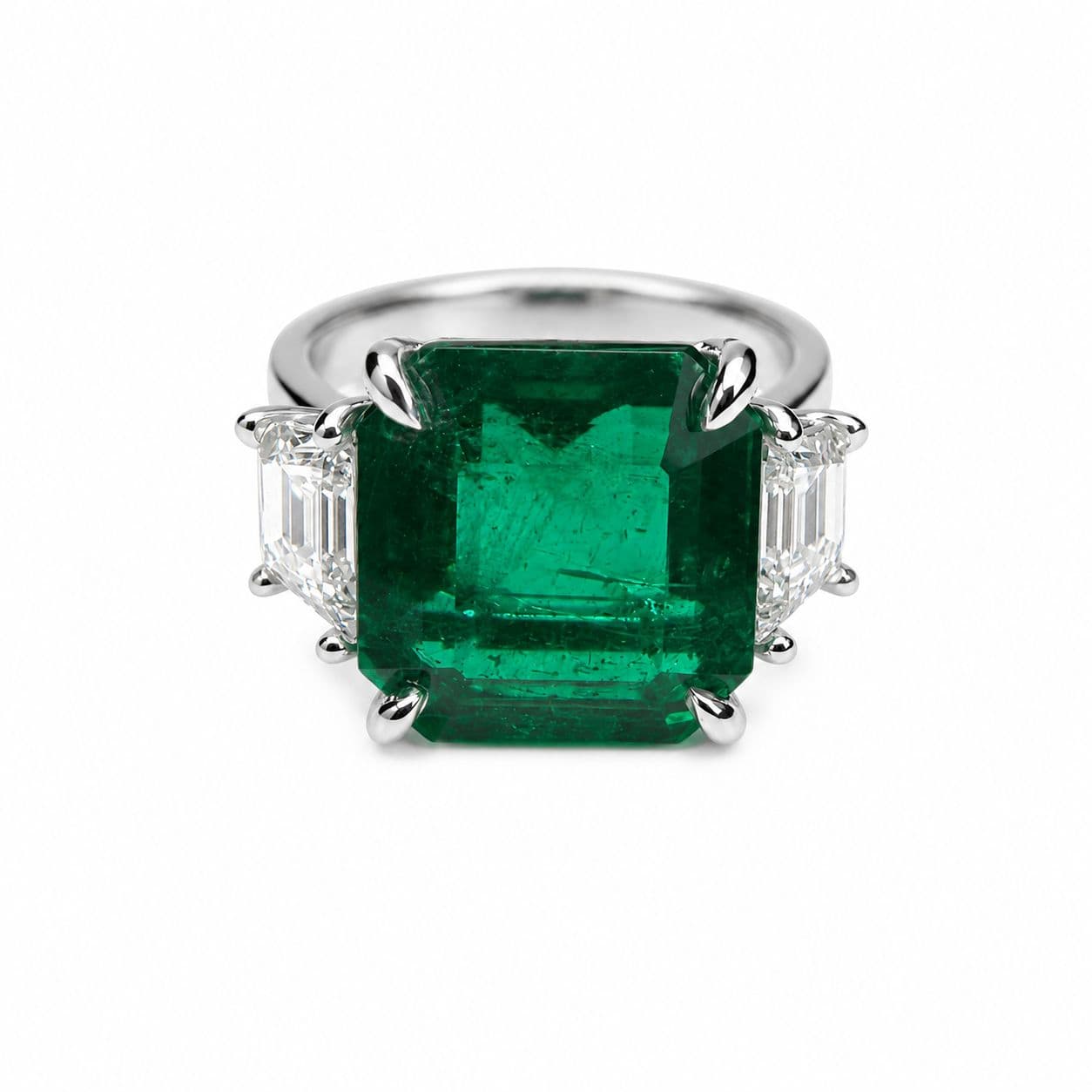 5.51 ct Emerald Cut Emerald and Diamond 3 Stone Ring