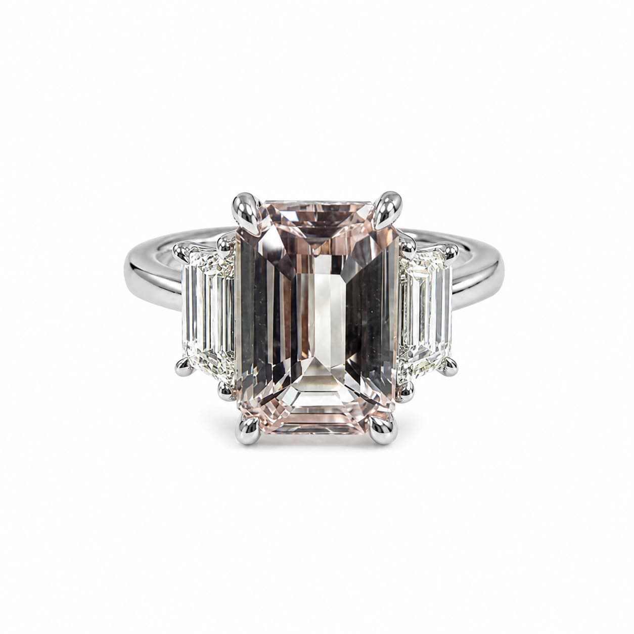 4.02 ct Emerald Cut Peach Sapphire and Diamond 3 Stone Ring