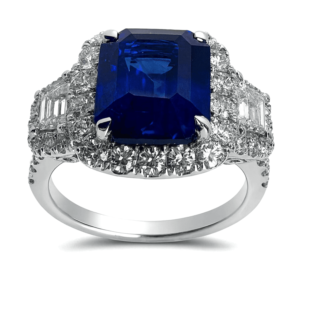 4.09 ct Sapphire and Diamond 3 Stone Halo Ring