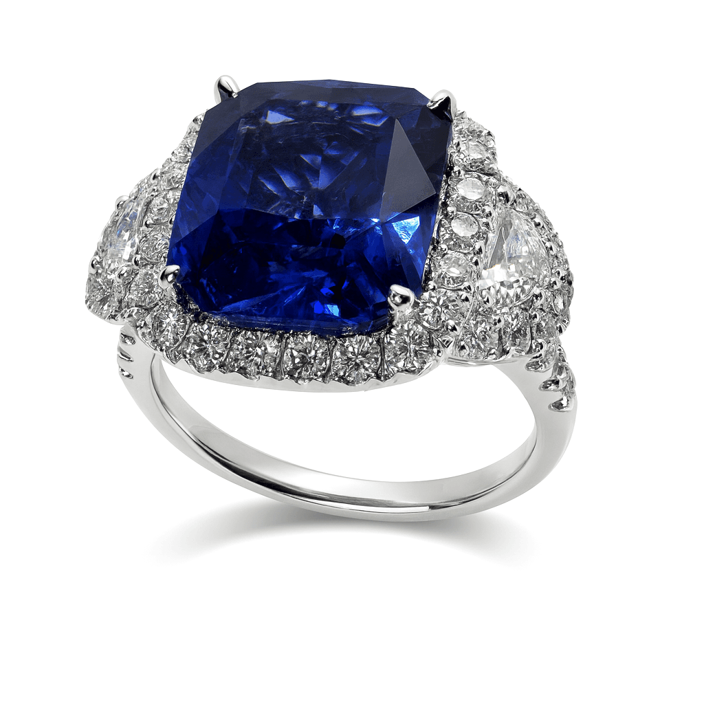 5.53 ct Sapphire and Diamond 3 Stone Halo Ring