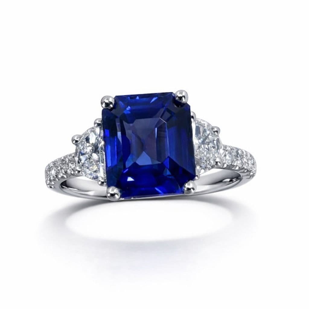 3.05 CT Emerald Cut Sapphire and Diamond 3 Stone Ring